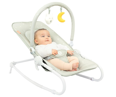 Badabulle Folding Baby Bouncer Chair Lichen - Adjustable Padded Backrest - Fixed or Rocker - 3-point safety harness - Detachable play arch - Removable cover